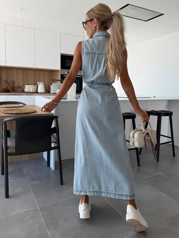 Denise | Sleeveless Belted Denim Dress