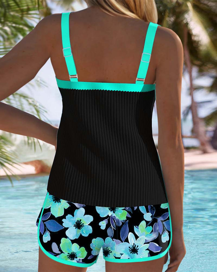 Tina | Floral Trim Tankini Shorts Set