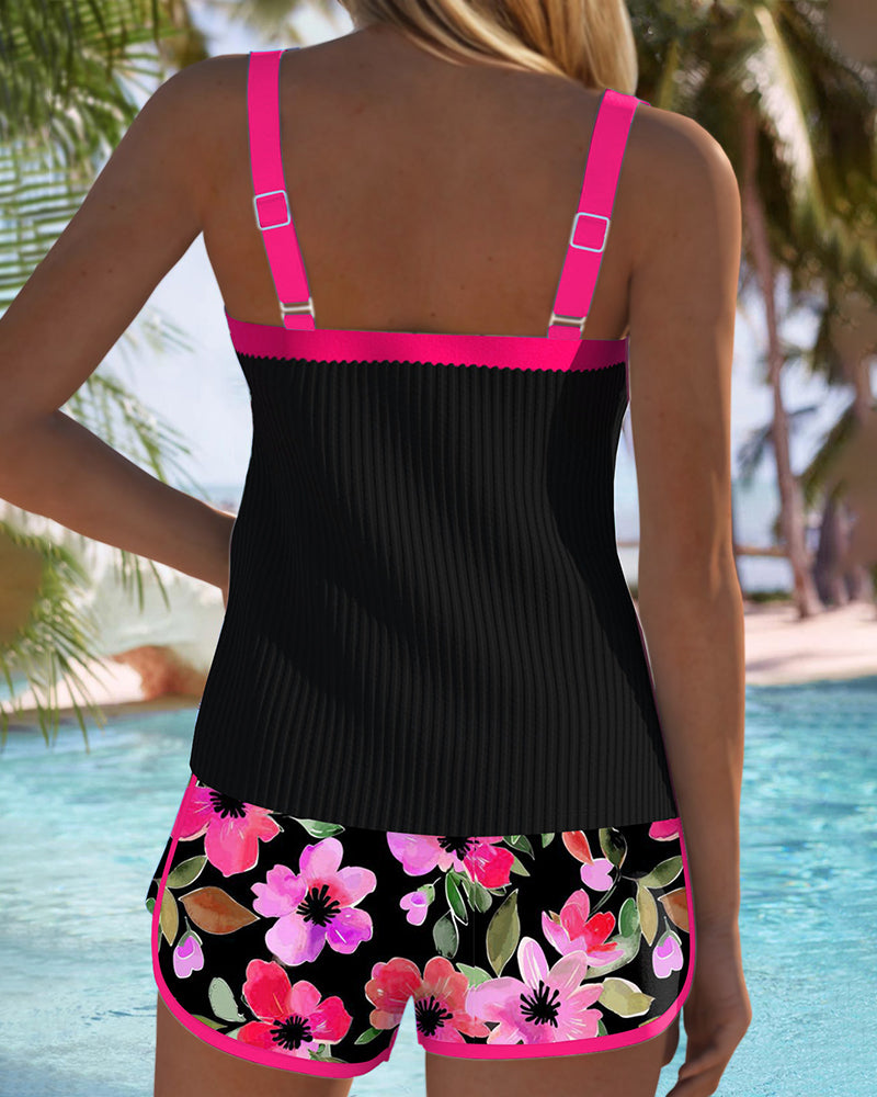 Tina | Floral Trim Tankini Shorts Set