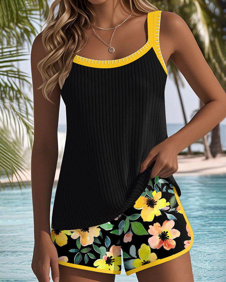 Tina | Floral Trim Tankini Shorts Set