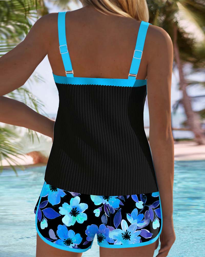 Tina | Floral Trim Tankini Shorts Set
