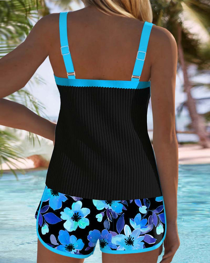 Tina | Floral Trim Tankini Shorts Set