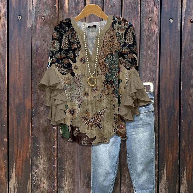 Marianne | Vintage Print Ruffle Blouse
