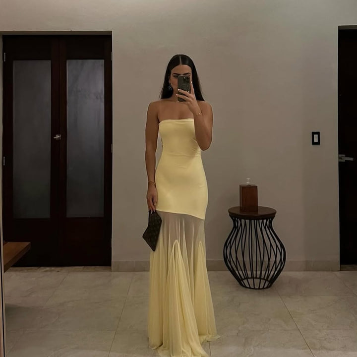Elara | Strapless Mesh Panel Gown