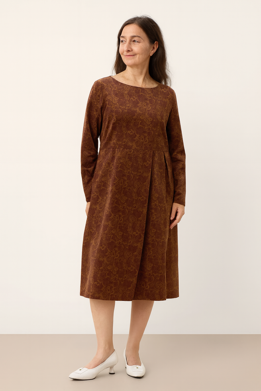 100% Organic Cotton Ruched Print Boat Neck Midi Dress CRESSIDA