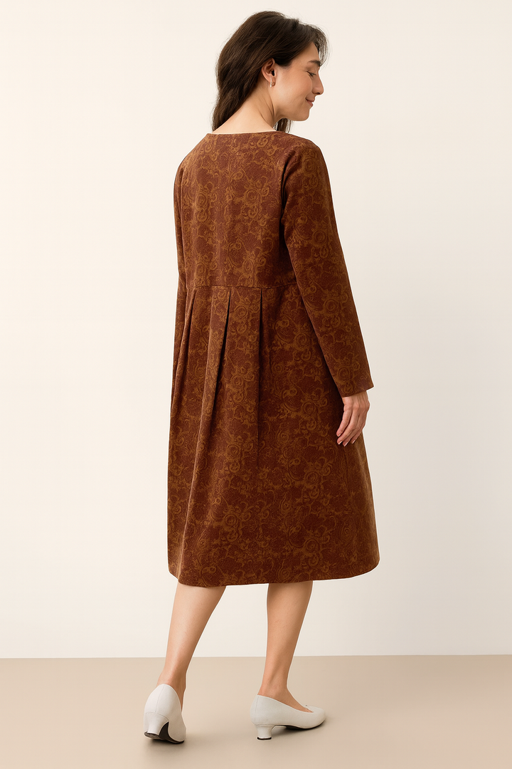 100% Organic Cotton Ruched Print Boat Neck Midi Dress CRESSIDA