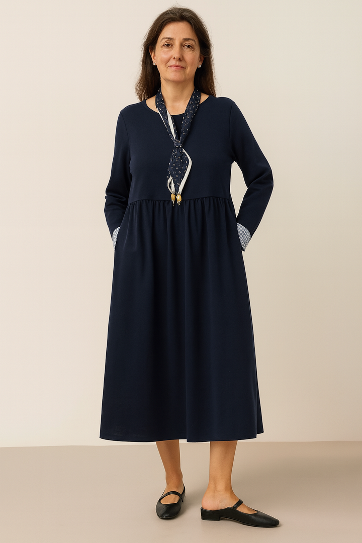 Organic Cotton Patchwork Cuff Crew Neck Casual Maxi Dress SCARLETT