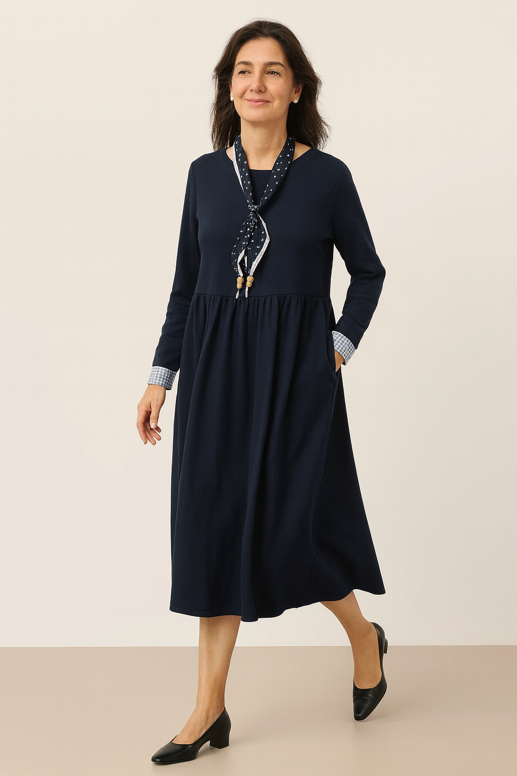 Organic Cotton Patchwork Cuff Crew Neck Casual Maxi Dress SCARLETT