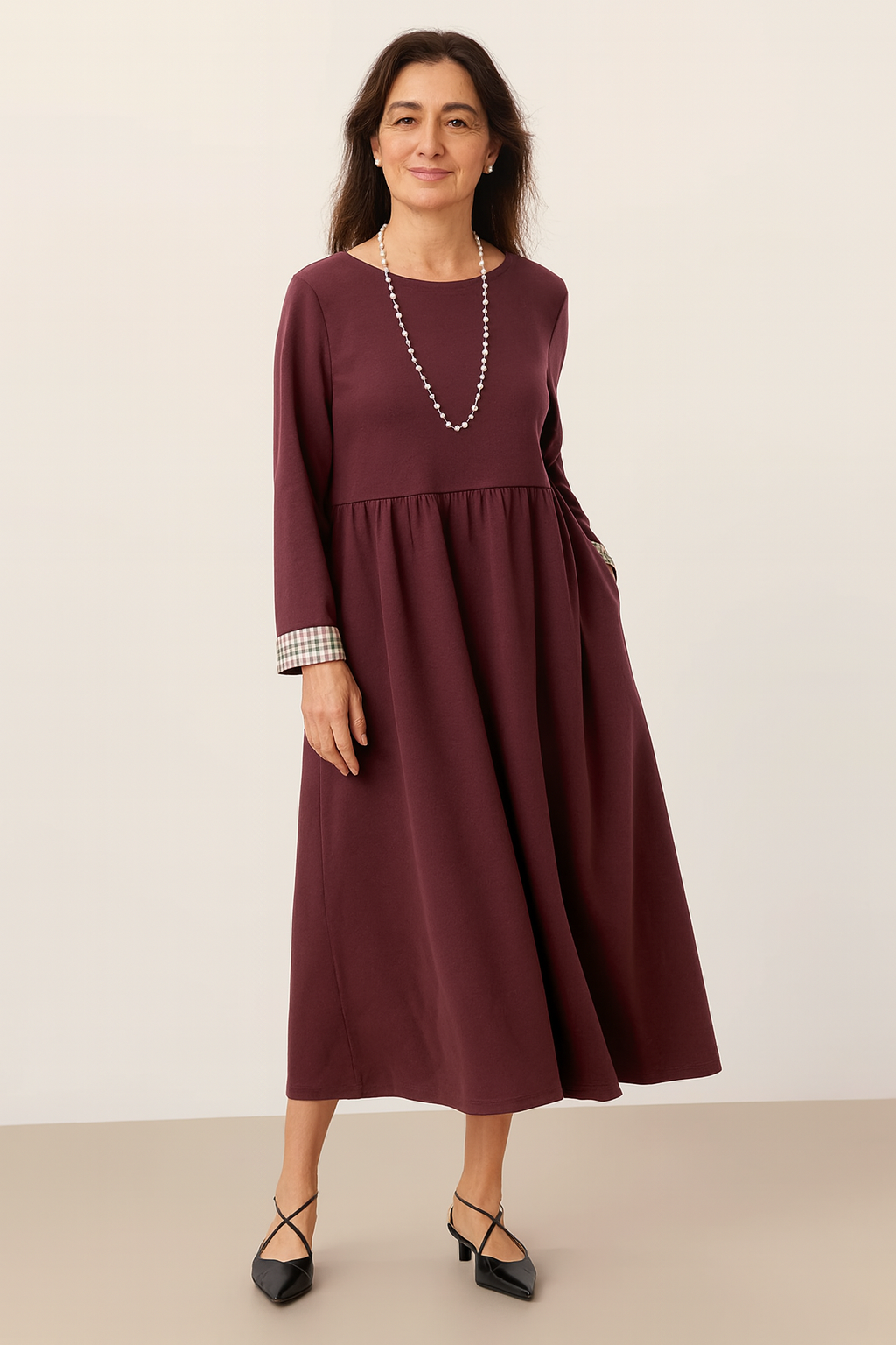 Organic Cotton Patchwork Cuff Crew Neck Casual Maxi Dress SCARLETT