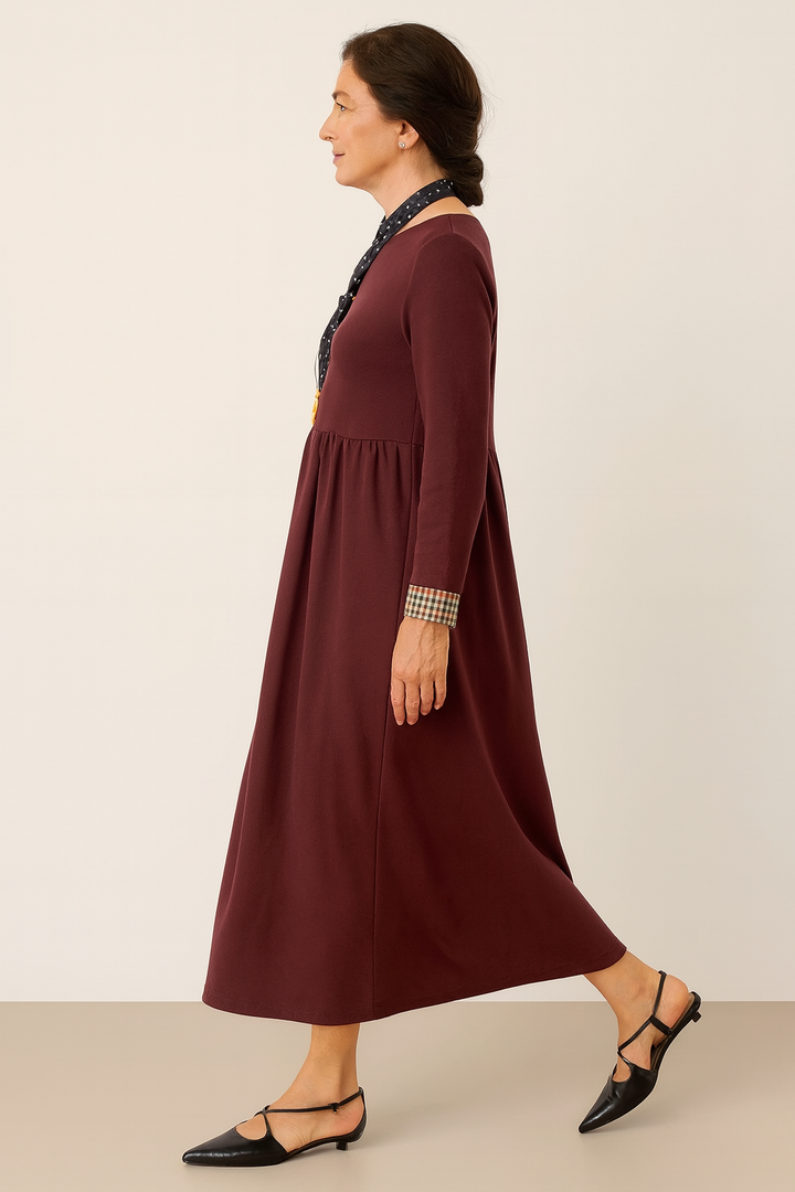 Organic Cotton Patchwork Cuff Crew Neck Casual Maxi Dress SCARLETT