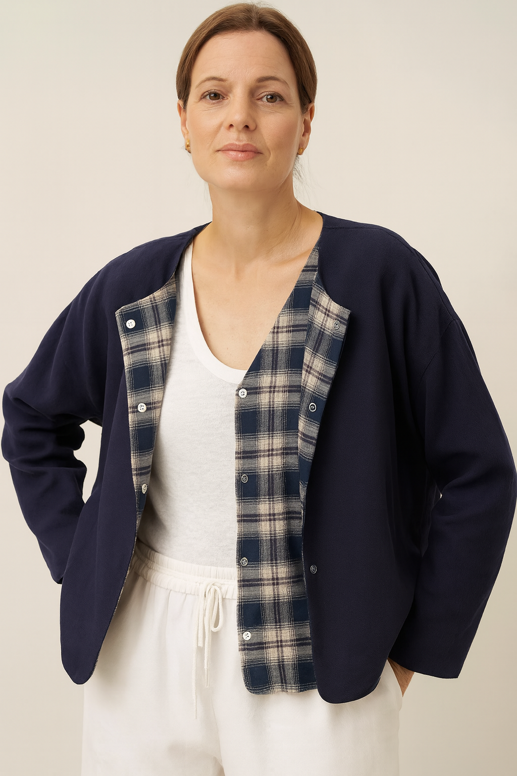 Tencel Linen Reversible Crew Neck Casual Jacket CHLOE