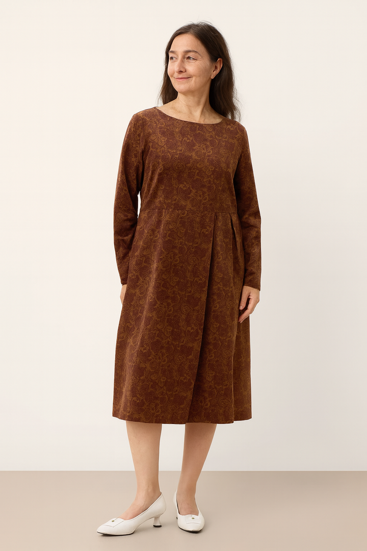 100% Organic Cotton Ruched Print Boat Neck Midi Dress CRESSIDA