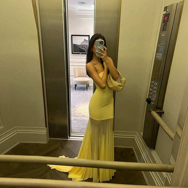 Elara | Strapless Mesh Panel Gown