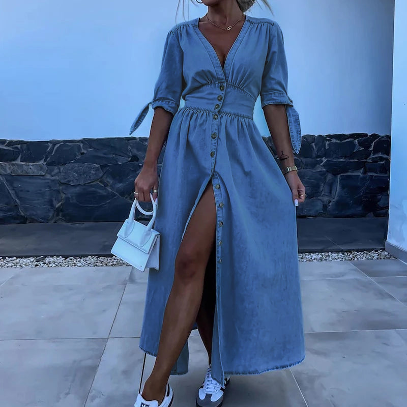 Yvonne | Front-Slit Denim Maxi Dress