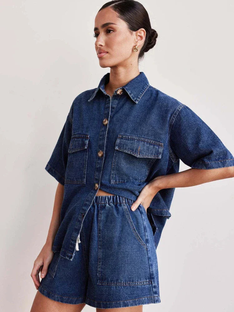 Paula | Drawstring Denim Short Set