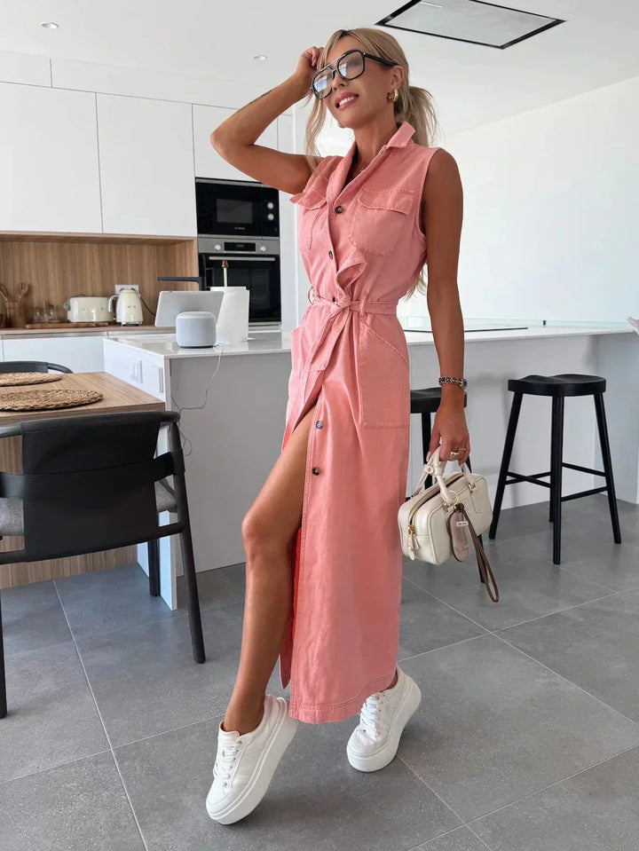 Denise | Sleeveless Belted Denim Dress