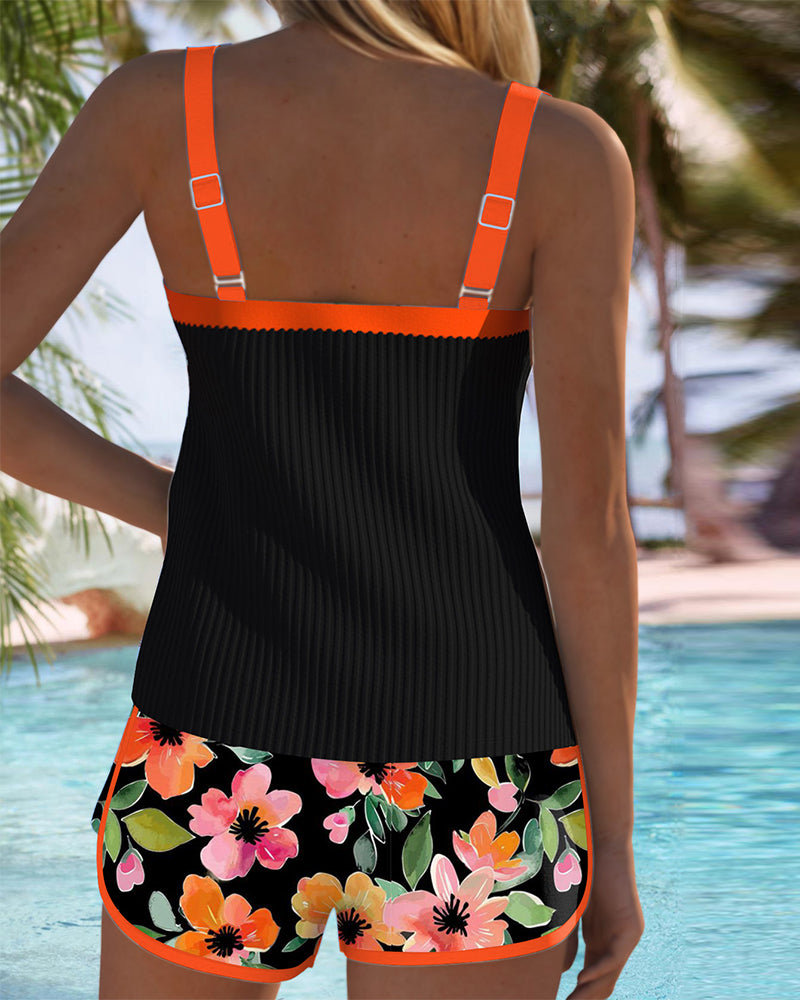 Tina | Floral Trim Tankini Shorts Set