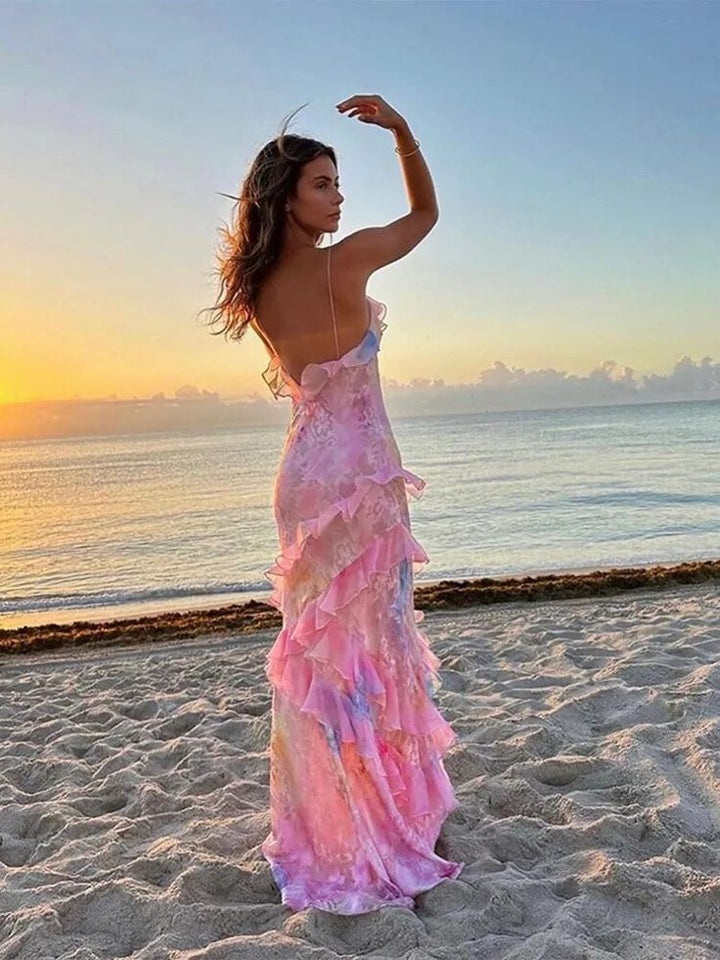 Sierra | Watercolor Ruffle Maxi Dress