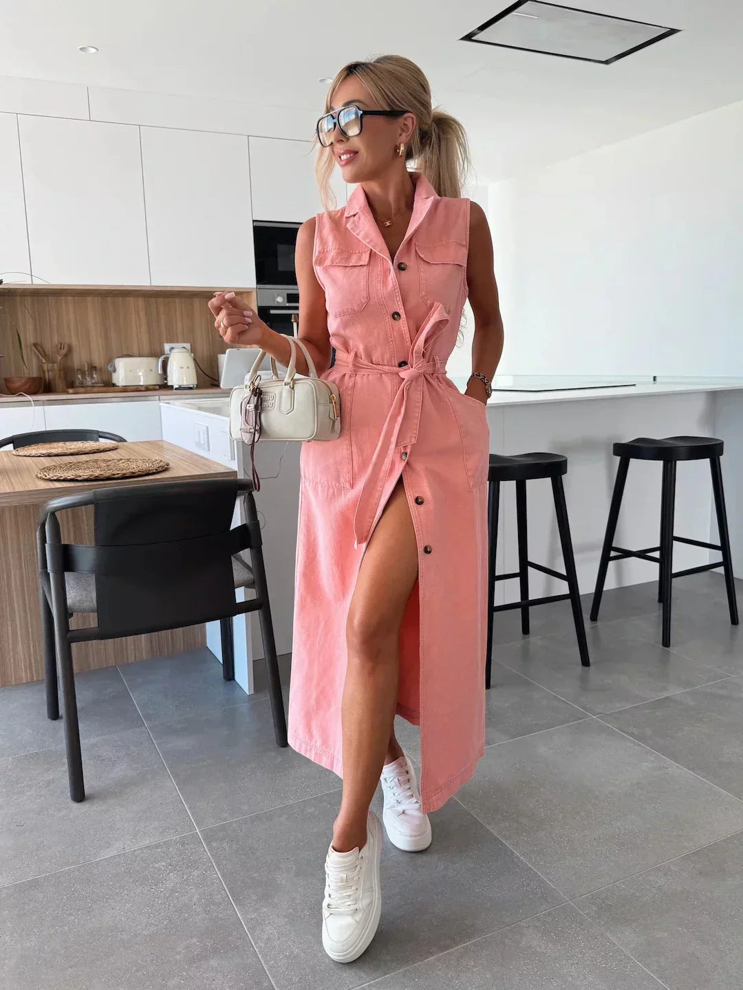 Denise | Sleeveless Belted Denim Dress