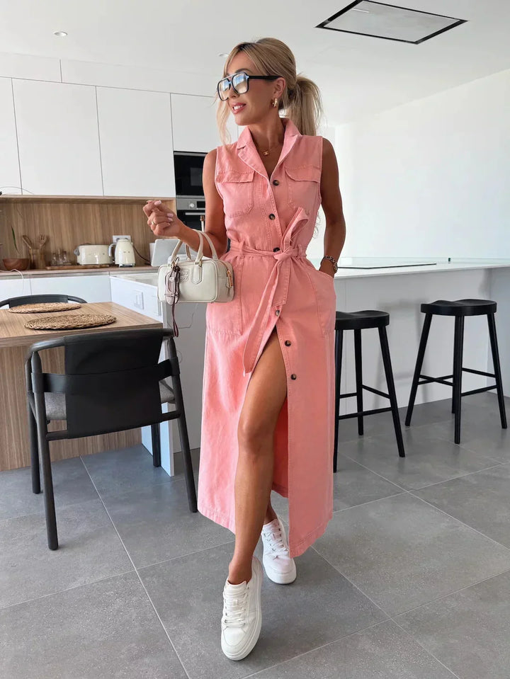 Denise | Sleeveless Belted Denim Dress
