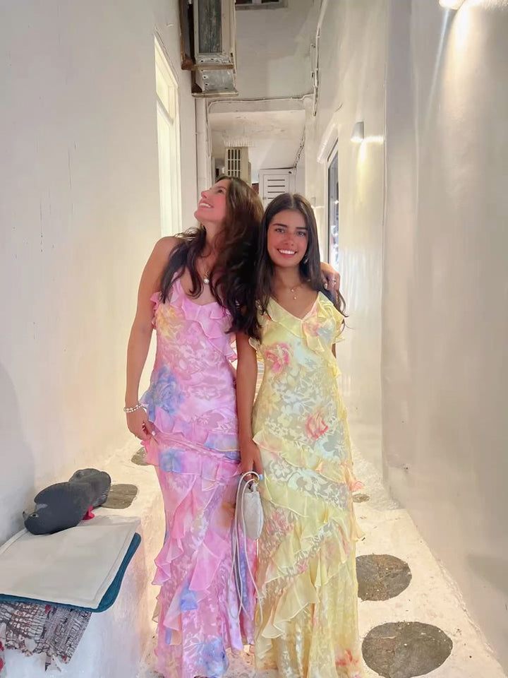 Sierra | Watercolor Ruffle Maxi Dress