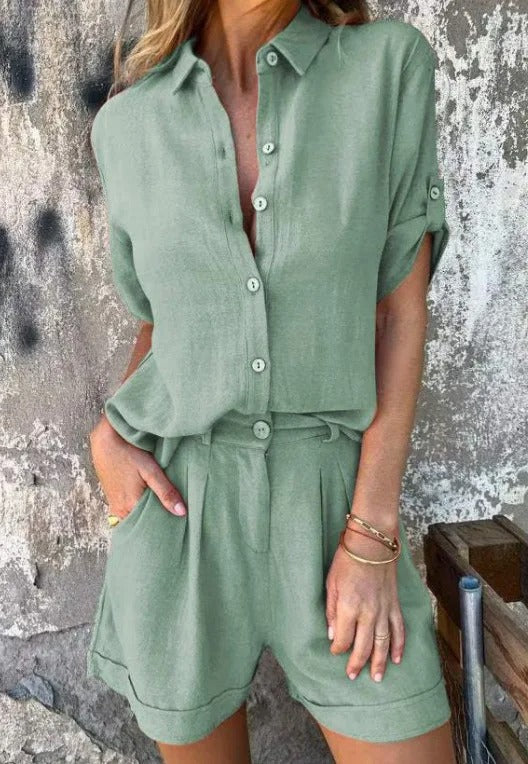 Monica | Relaxed Linen Button Shorts Set