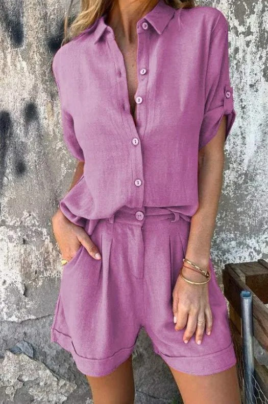 Monica | Relaxed Linen Button Shorts Set