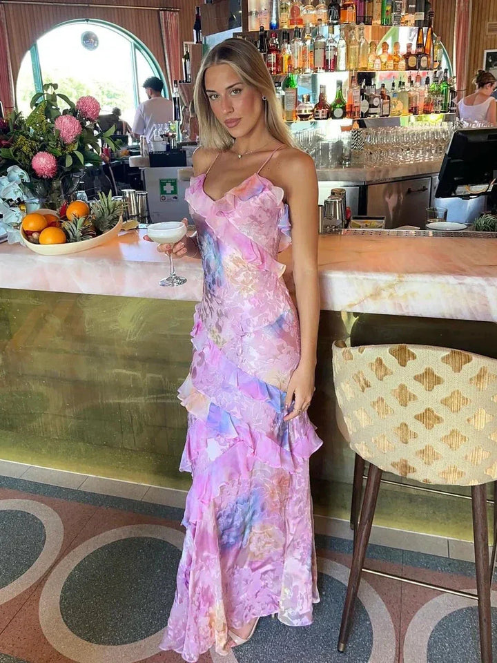 Sierra | Watercolor Ruffle Maxi Dress