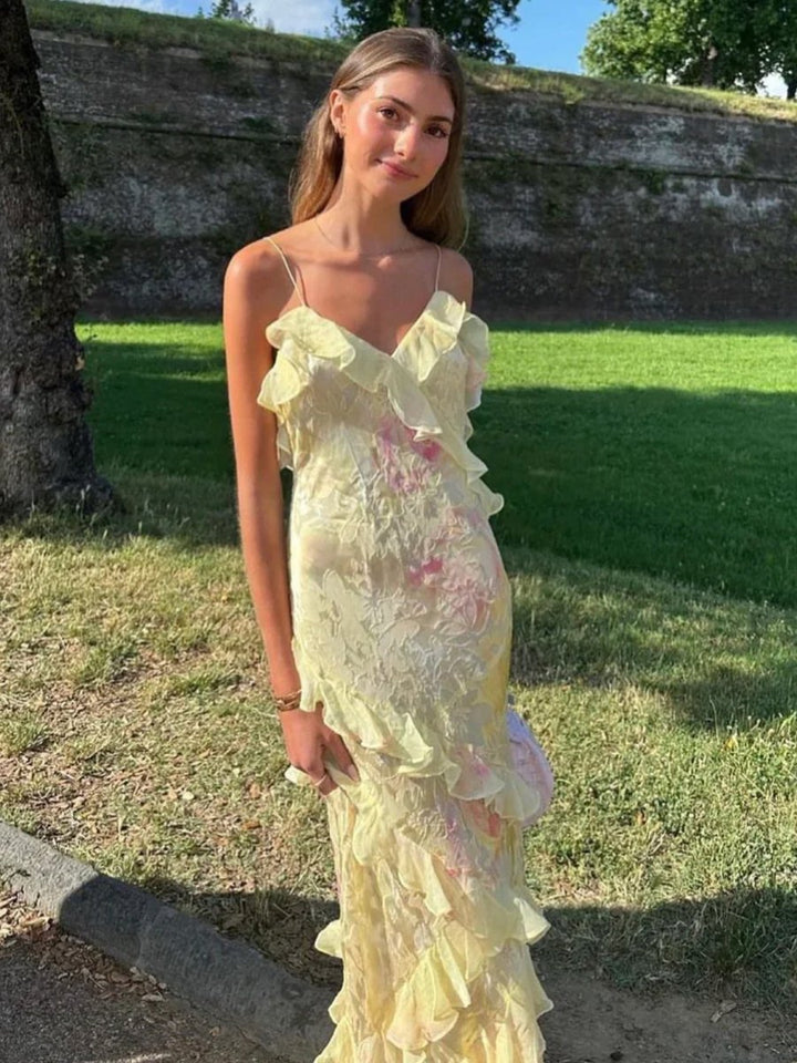 Sierra | Watercolor Ruffle Maxi Dress